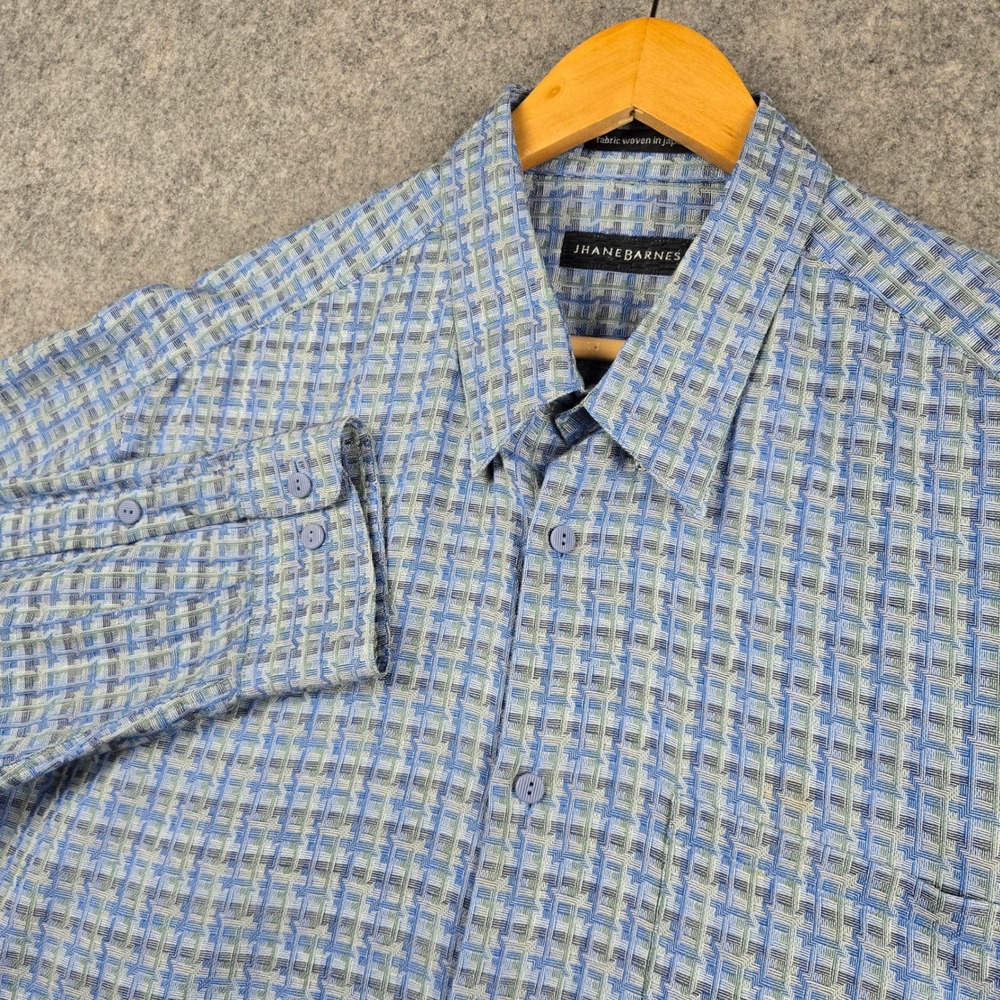 Jhane Barnes Button Up Shirt Mens XL Blue Geometric Woven Fabric Japan Designer
